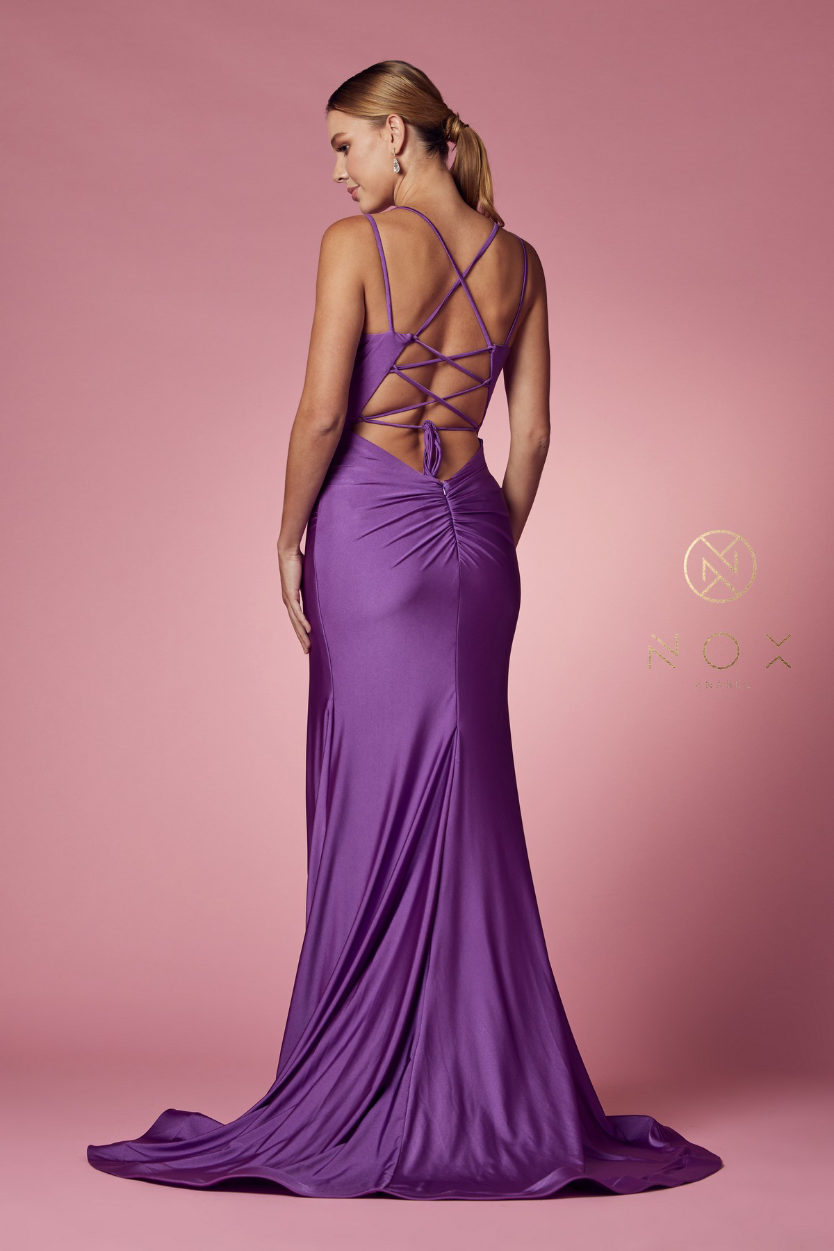 Satin Scoop Neck Gown with Slit — Nox Anabel T481