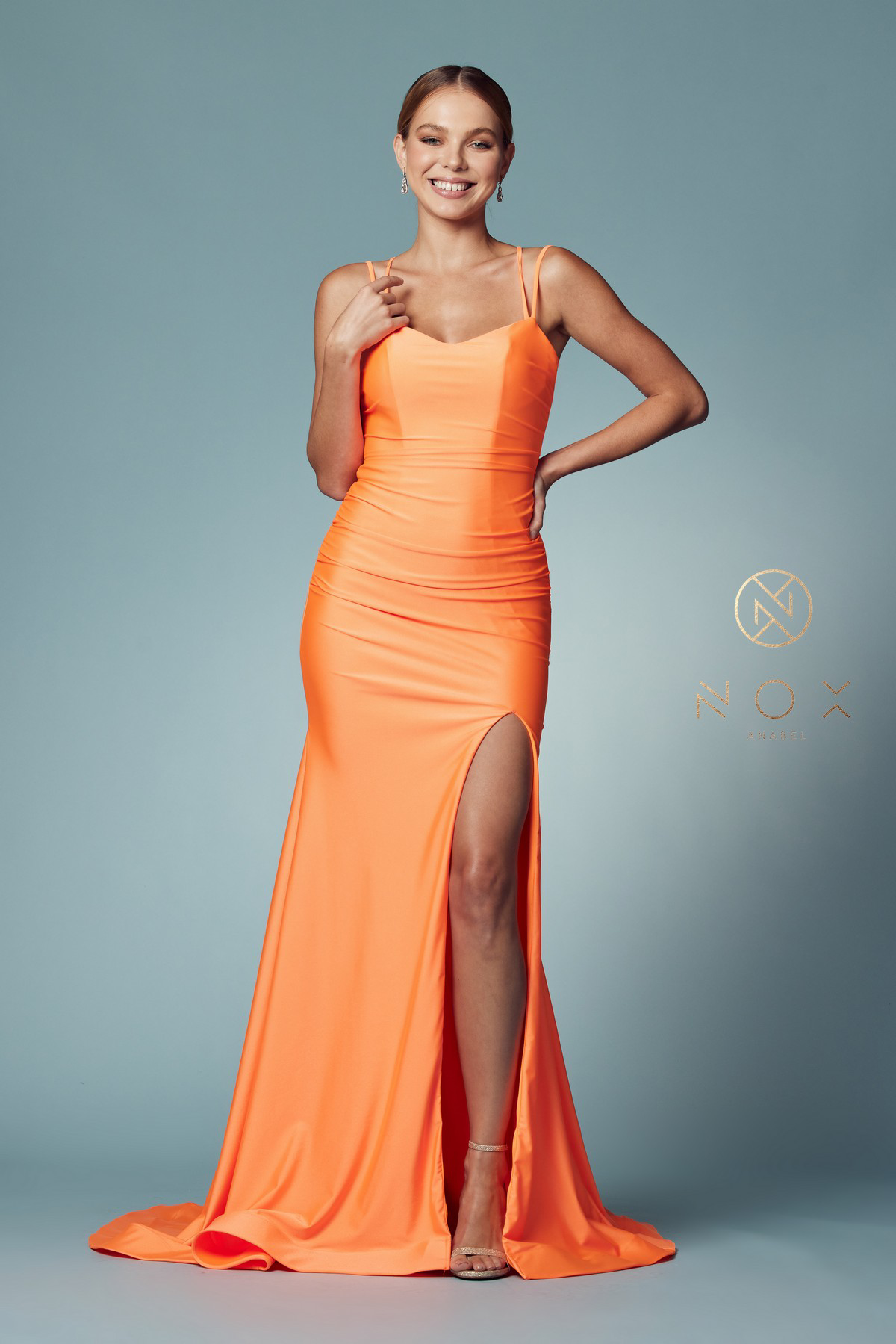 Satin Scoop Neck Gown with Slit — Nox Anabel T481