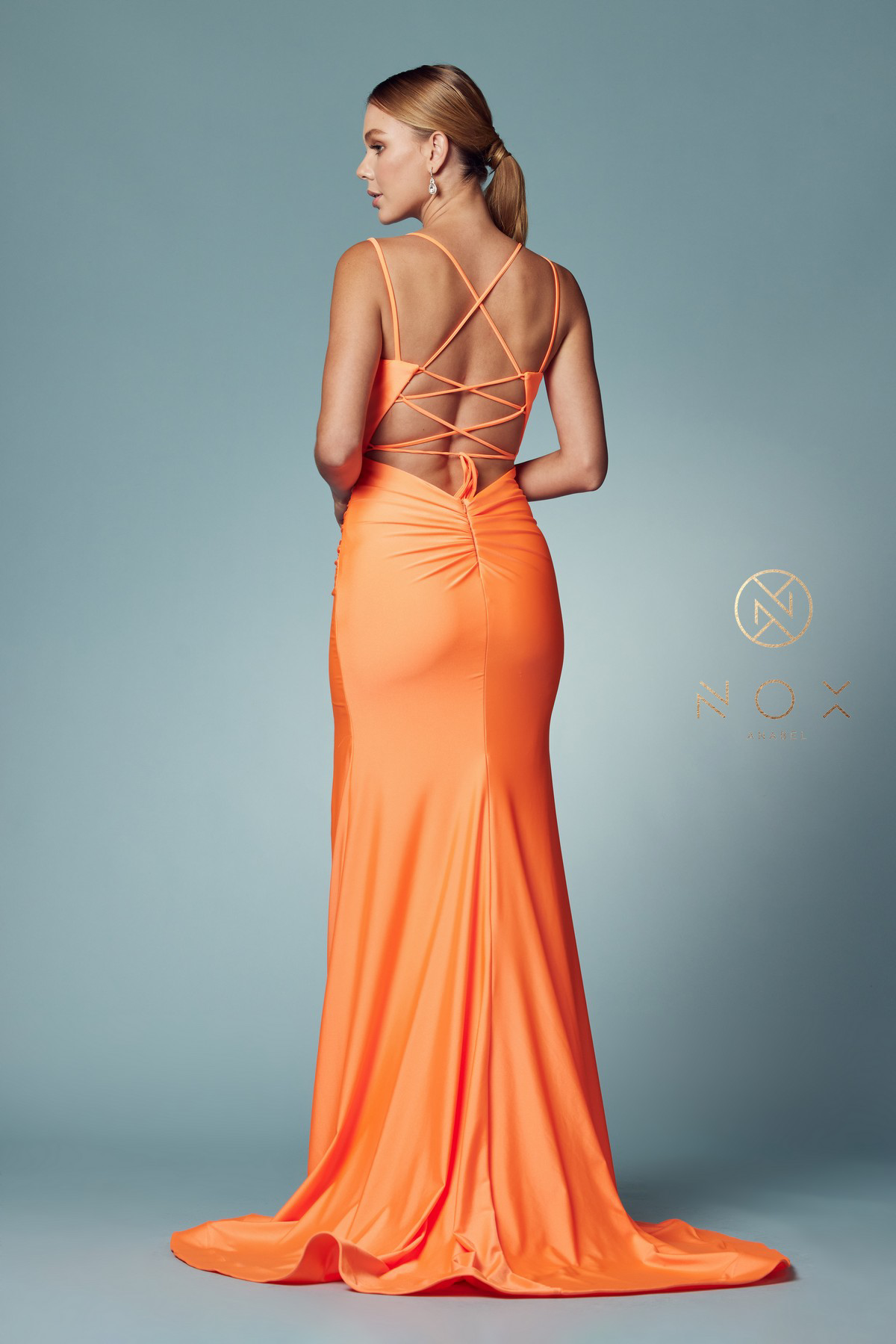 Satin Scoop Neck Gown with Slit — Nox Anabel T481