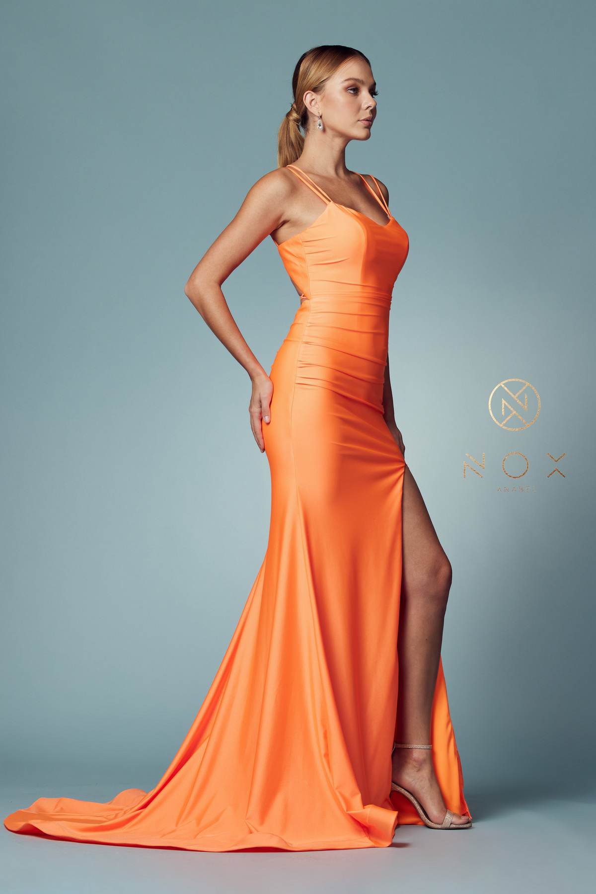 Satin Scoop Neck Gown with Slit — Nox Anabel T481