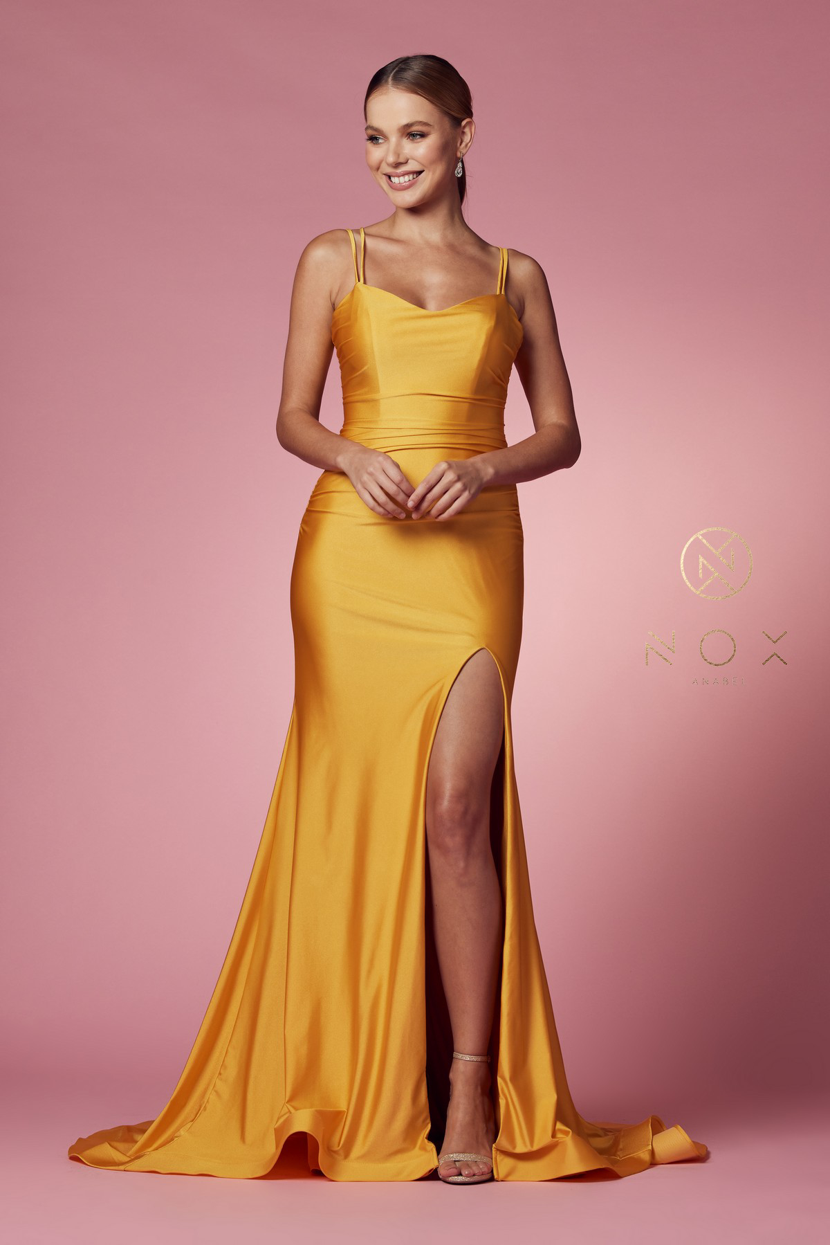 Satin Scoop Neck Gown with Slit — Nox Anabel T481