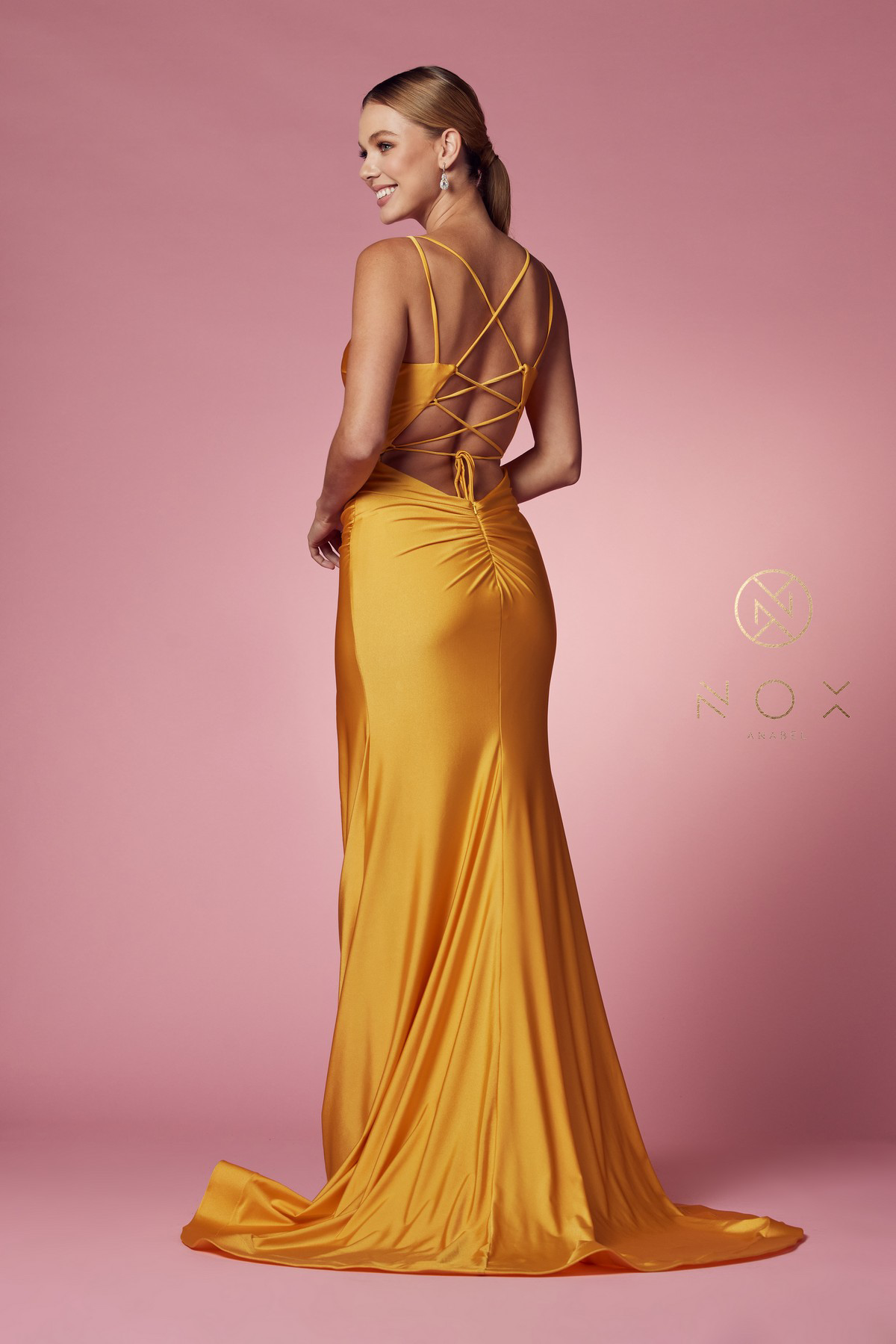 Satin Scoop Neck Gown with Slit — Nox Anabel T481