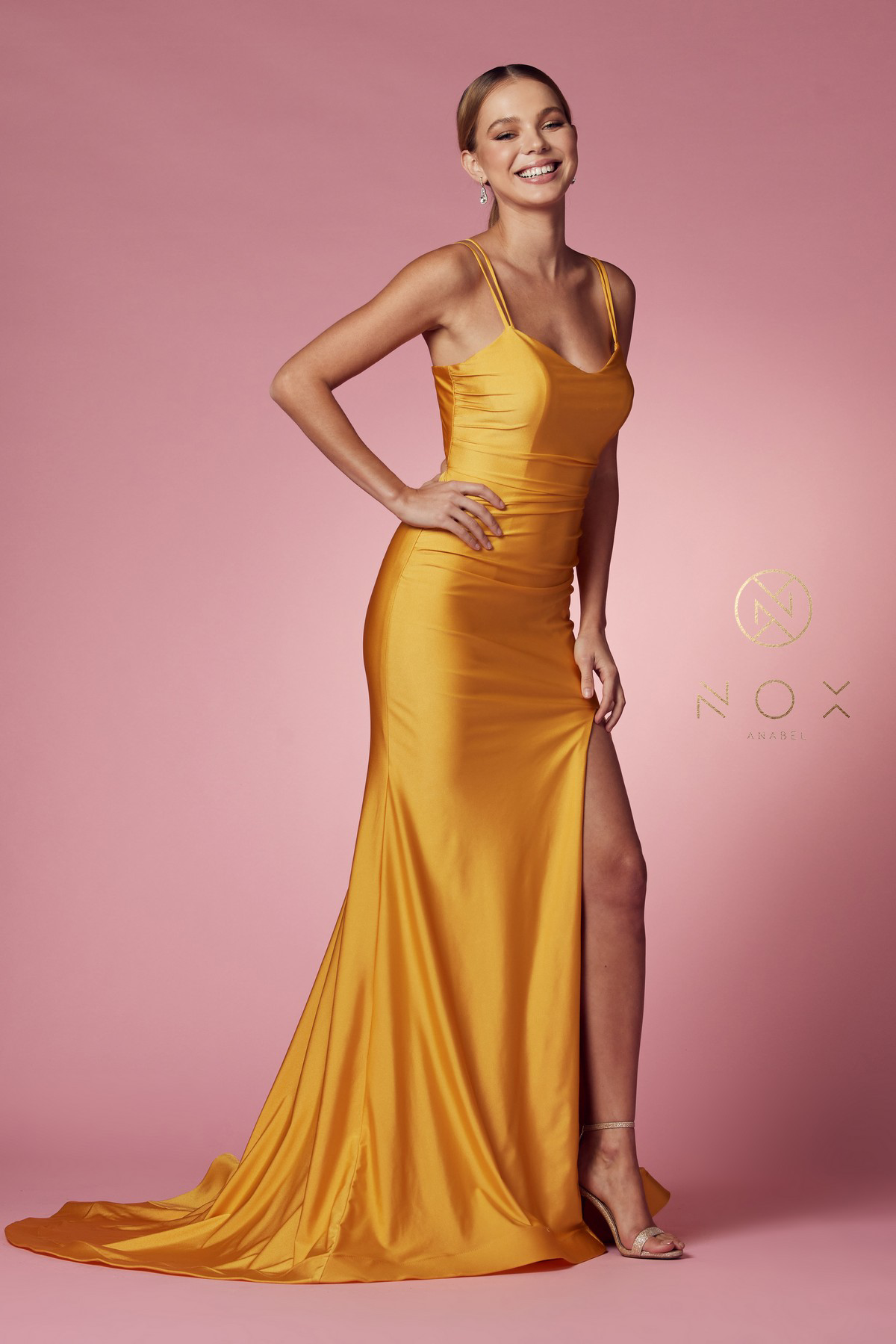 Satin Scoop Neck Gown with Slit — Nox Anabel T481