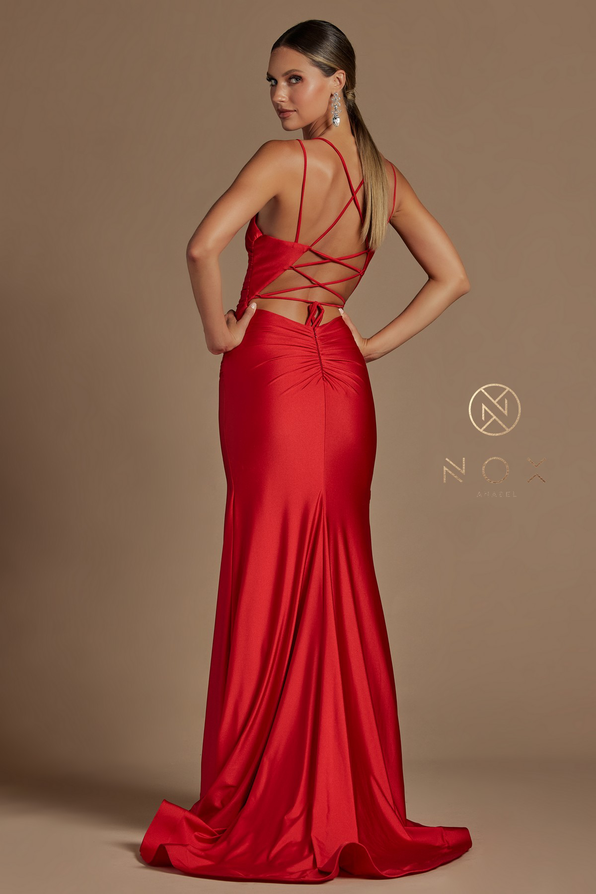 Satin Scoop Neck Gown with Slit — Nox Anabel T481