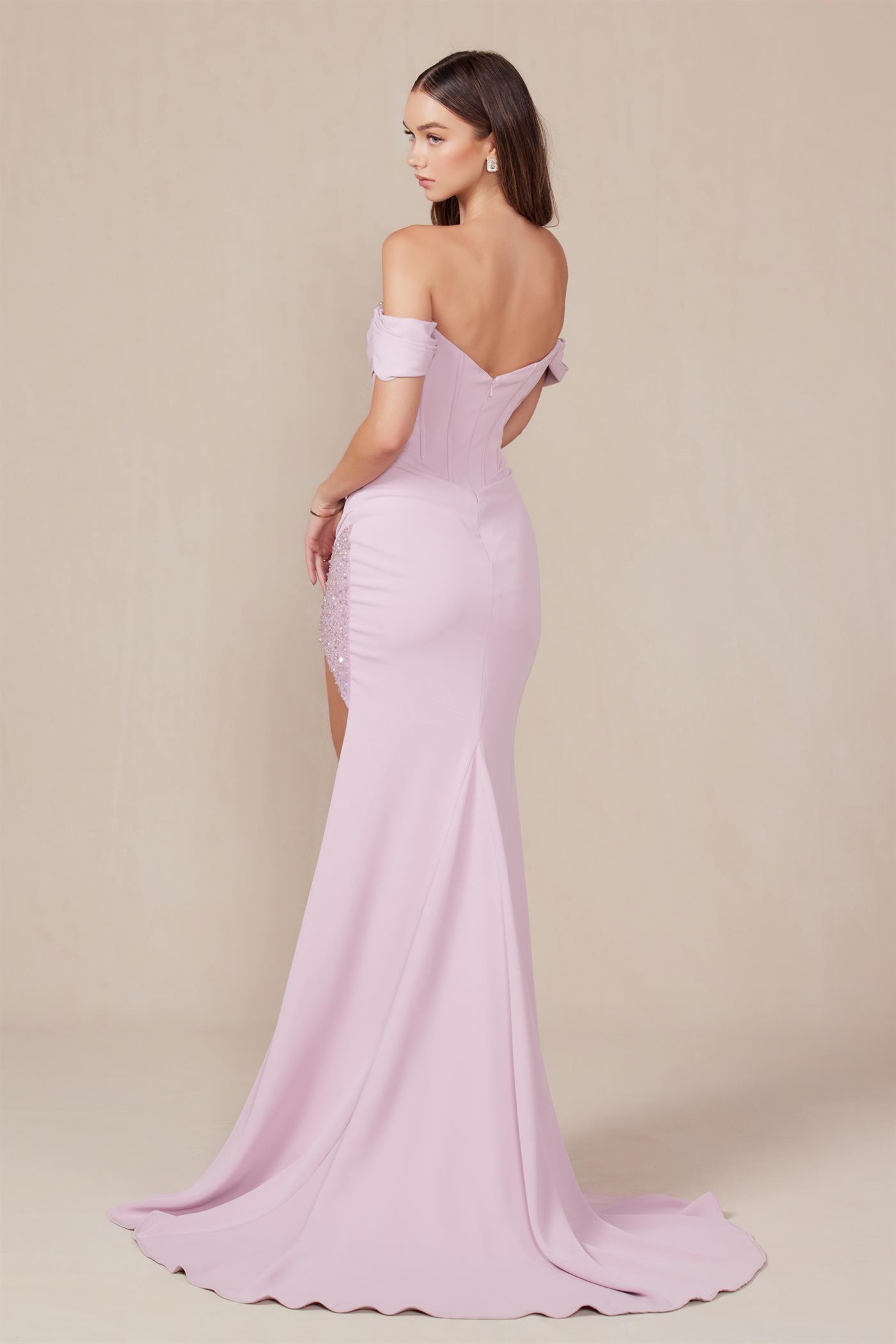 Off-Shoulder Boned Waistline Long Dress with Slit — Nox Anabel Y1483