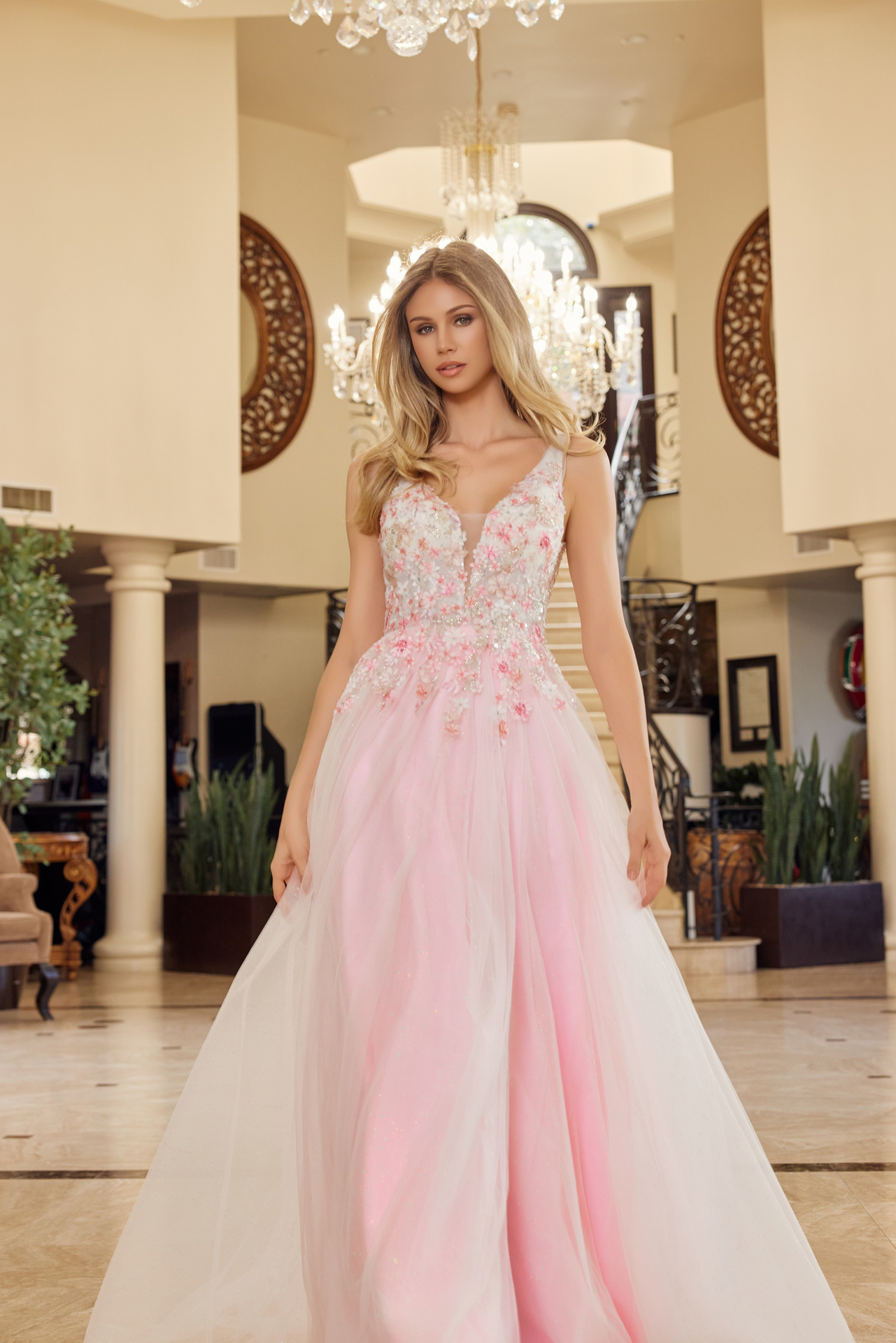 Full Flower Embroidered Bodice a Line Tulle Material — Nox Anabel Y1799