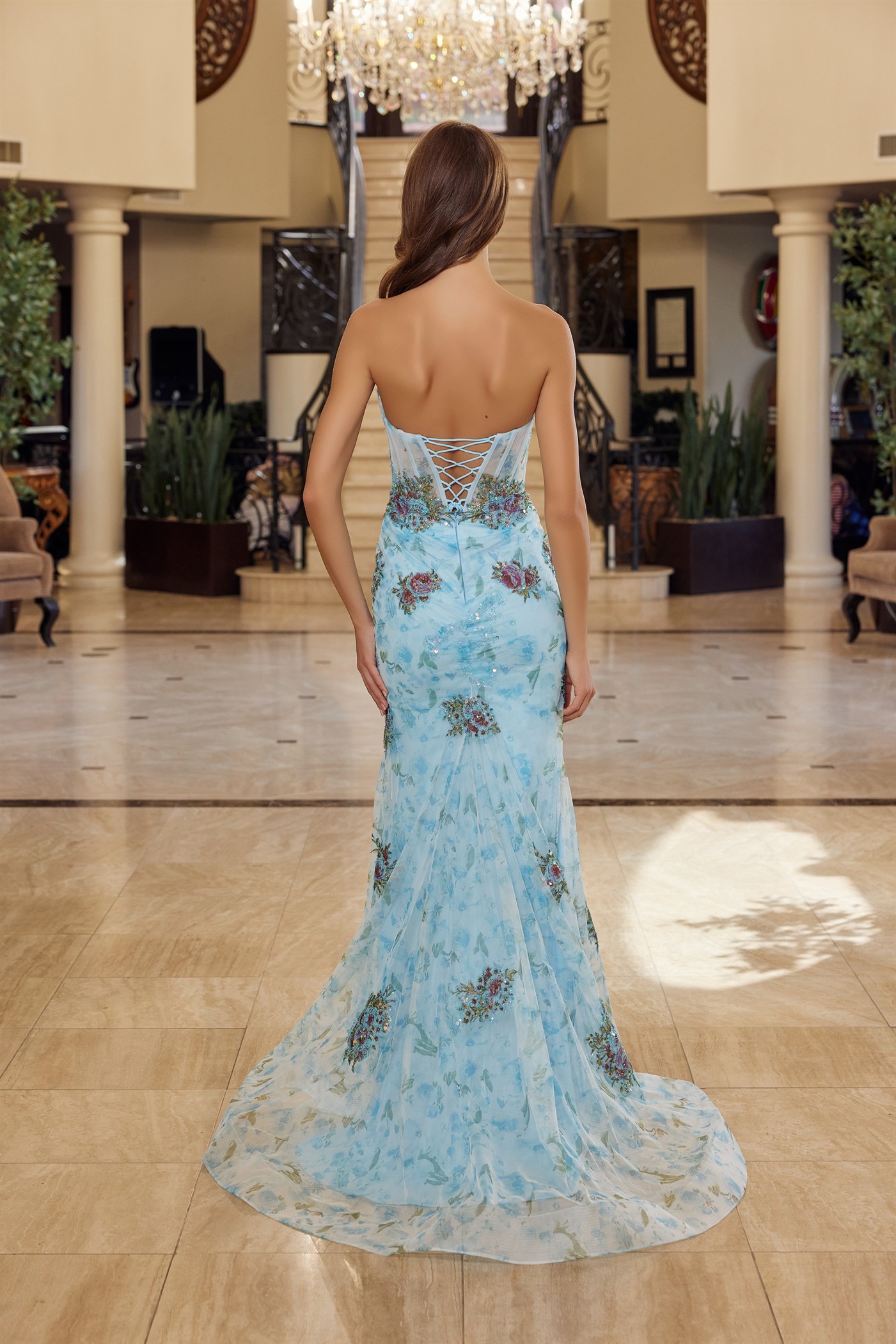 Flower Embroidered Strapless Tulle Material — Nox Anabel Y1801