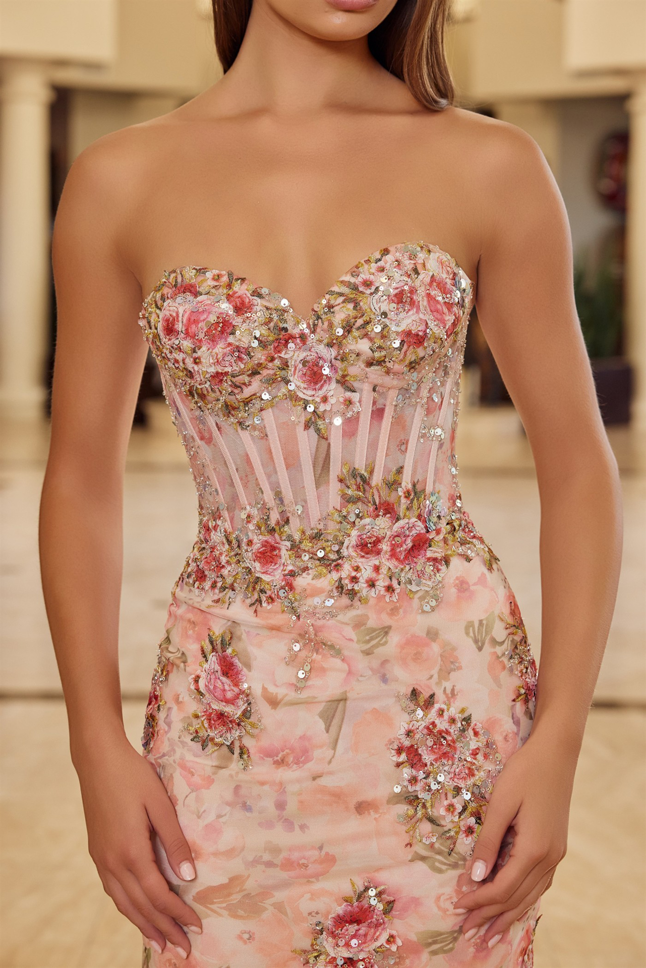 Flower Embroidered Strapless Tulle Material — Nox Anabel Y1801