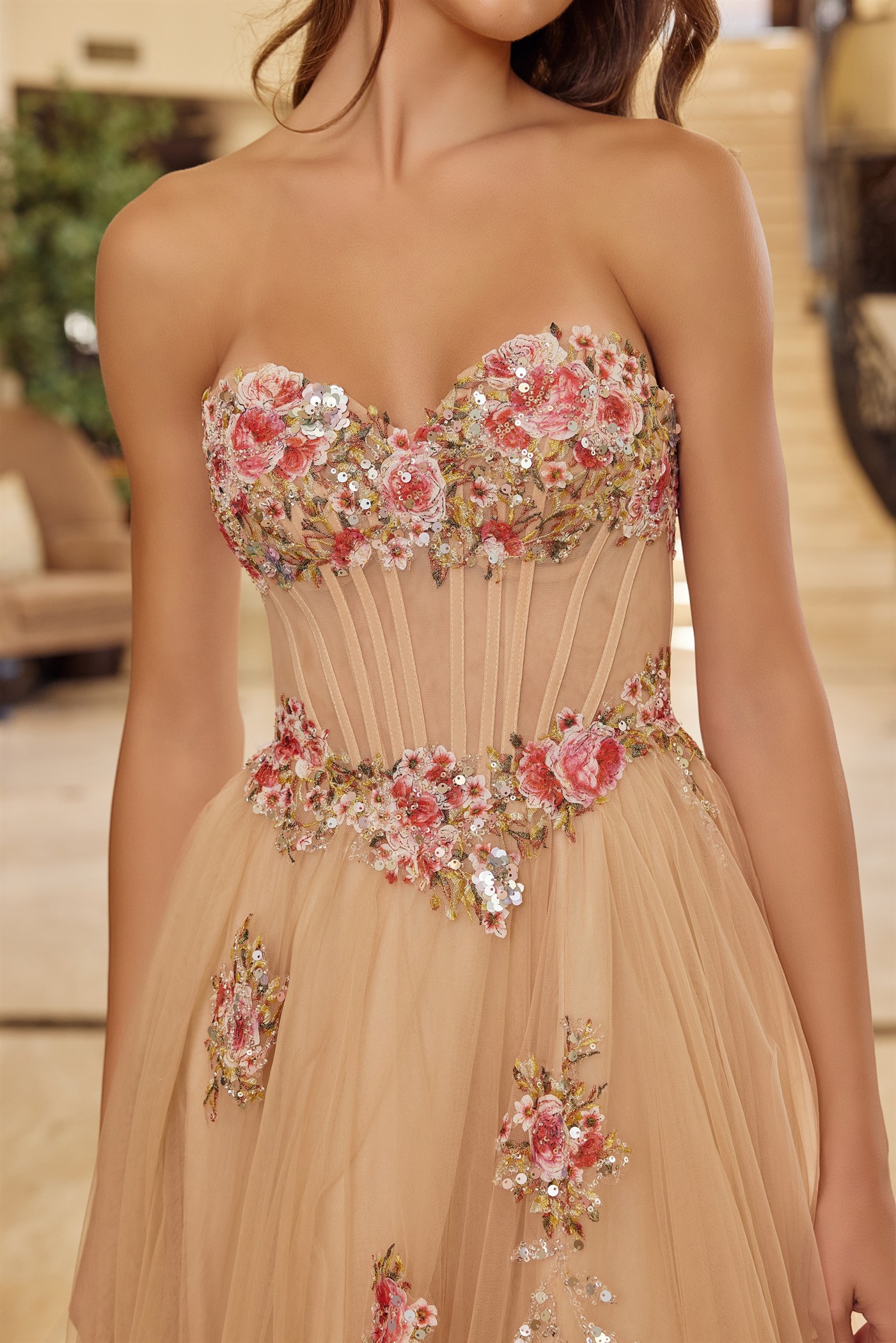 Strapless Tulle Ball Gown with Floral Sequined Embroidery — Nox Anabel Y1803
