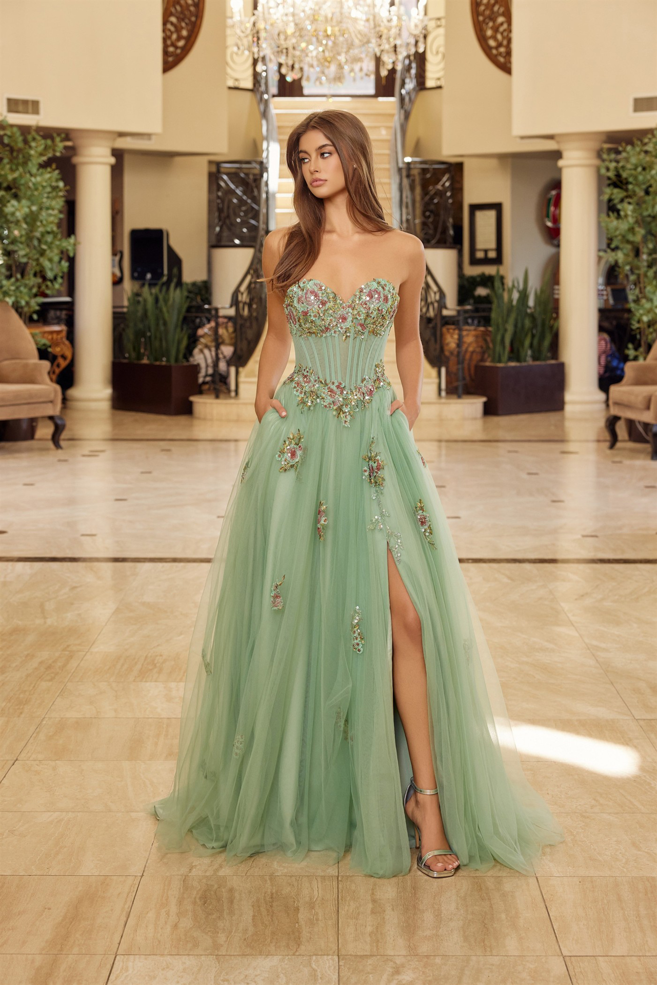 Strapless Tulle Ball Gown with Floral Sequined Embroidery — Nox Anabel Y1803