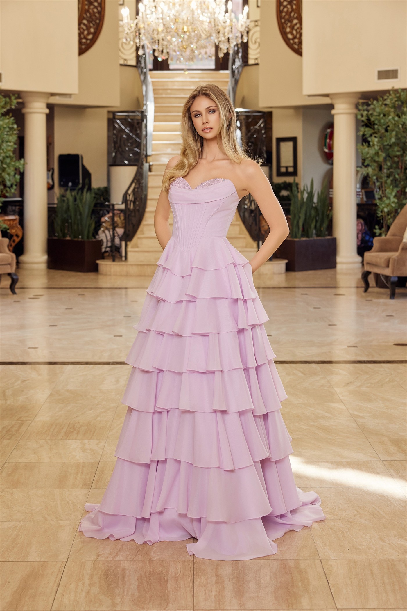 Multilayered Long Ball Gown Sequined Bustline — Nox Anabel Y1806