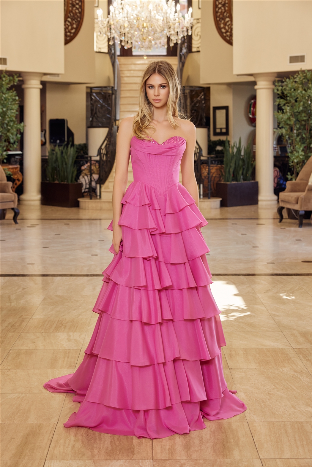 Multilayered Long Ball Gown Sequined Bustline — Nox Anabel Y1806