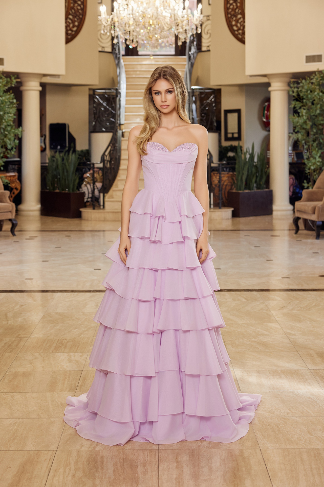 Multilayered Long Ball Gown Sequined Bustline — Nox Anabel Y1806