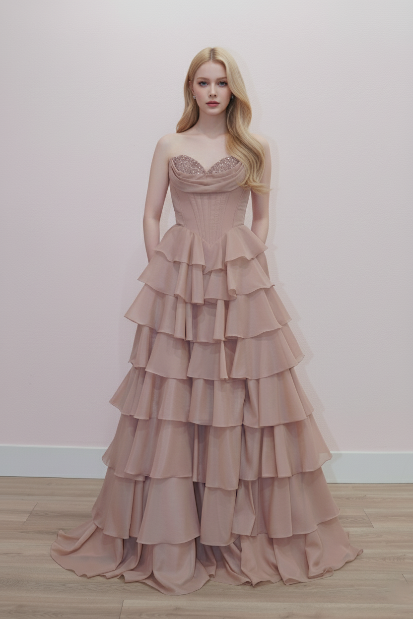 Multilayered Long Ball Gown Sequined Bustline — Nox Anabel Y1806