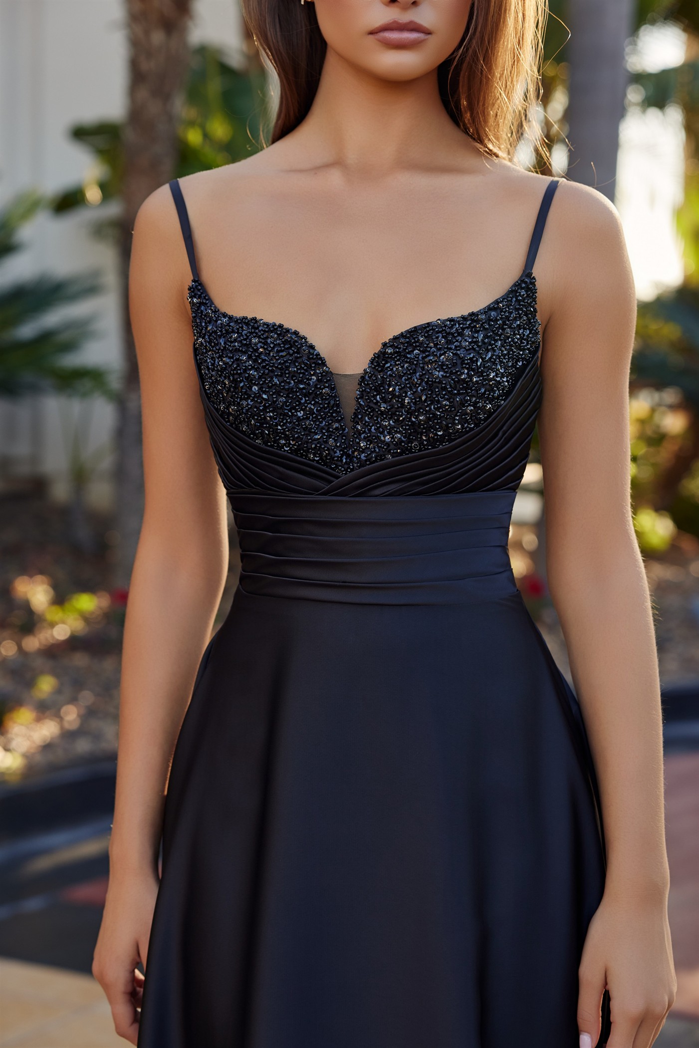 Long Satin Aline Dress with a Sweetheart Beaded Bustline — Nox Anabel Y1808
