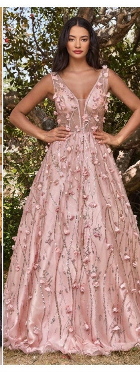 3D floral gown adding dimension for rectangle body types